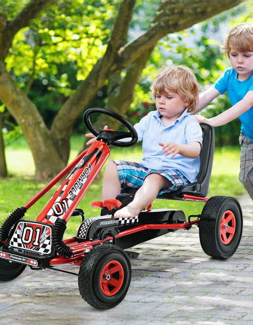 Load image into Gallery viewer, Go Kart for Kids, 4 Wheel Quad Off-Road Pedal on Foot Go Cart W/Steering Wheels &amp; Adjustable Seat, 2 Safety Brakes, EVA Tires, Clutch, Outdoor Racer Ride on Pedal Car (Red)
