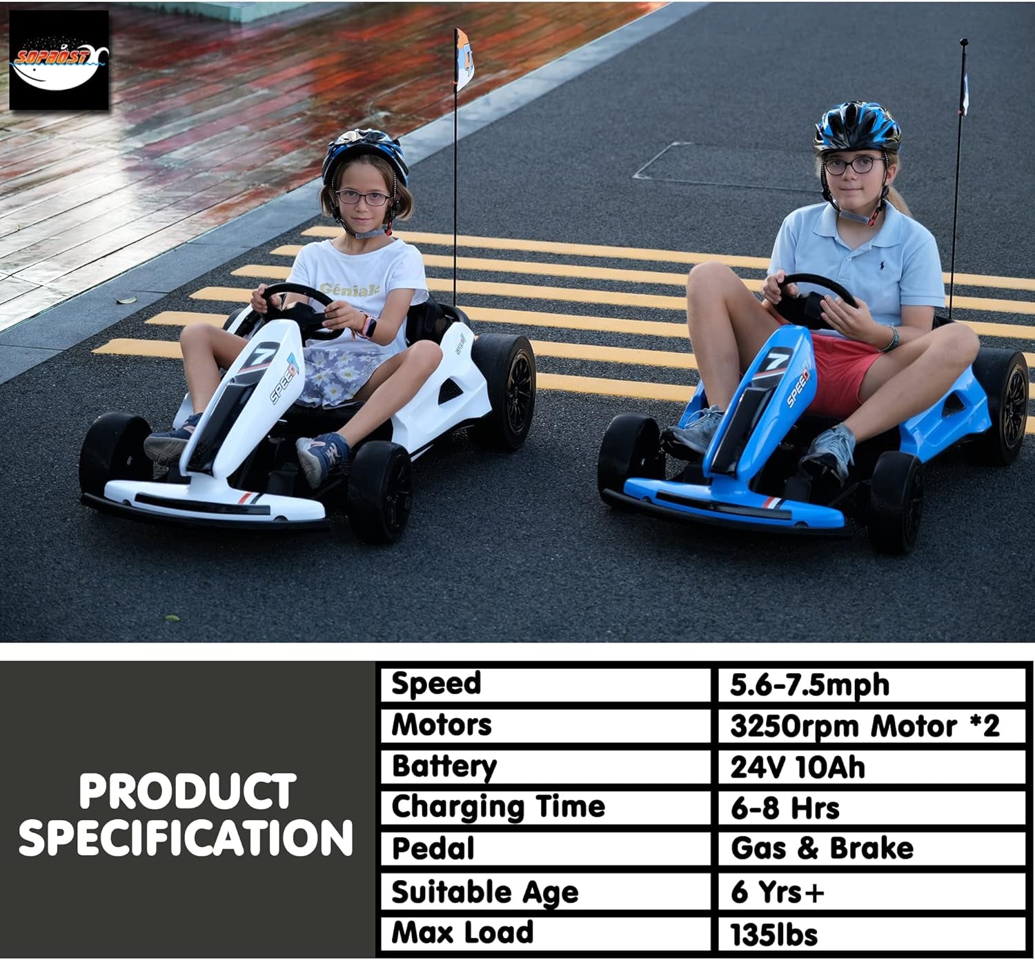 Electric Go Kart 24V Battery Powered Pedal Go Karts for 6+ Kids Adults Ride on Car Electric Vehicle Car Racing Drift Car for Boys Girls, White