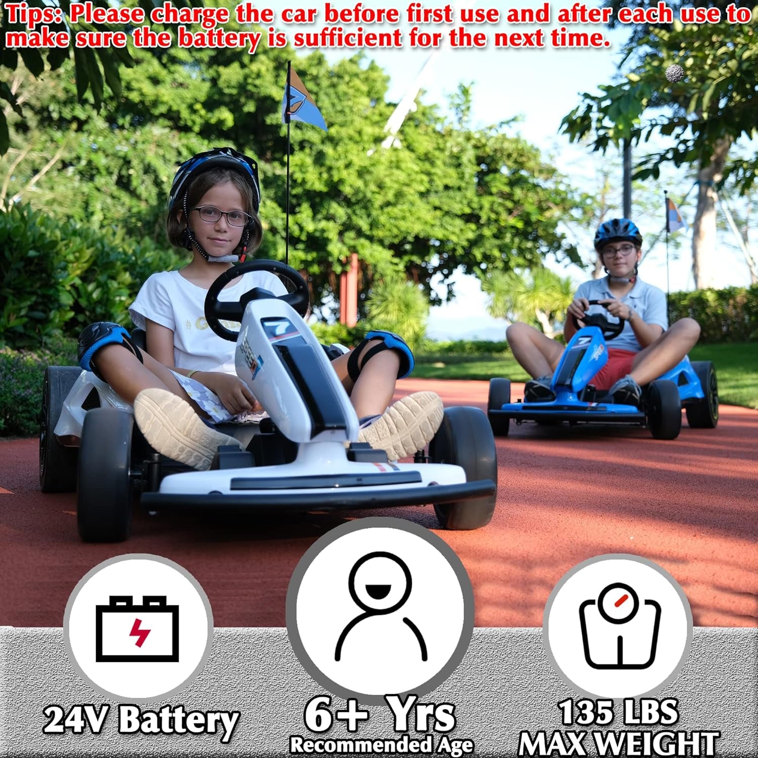 Electric Go Kart 24V Battery Powered Pedal Go Karts for 6+ Kids Adults Ride on Car Electric Vehicle Car Racing Drift Car for Boys Girls, White