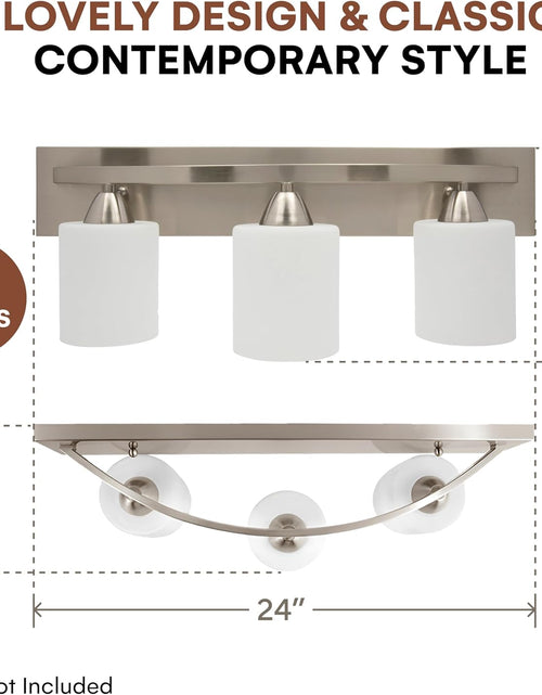 Load image into Gallery viewer, | Bathroom Vanity Light Bar | Interior Bathroom Lighting Fixtures with Modern Glass Shade | Bathroom Lights over Mirror | (Brushed Nickel, 3 Lights, E26 100W LED, Bulbs Not Included)
