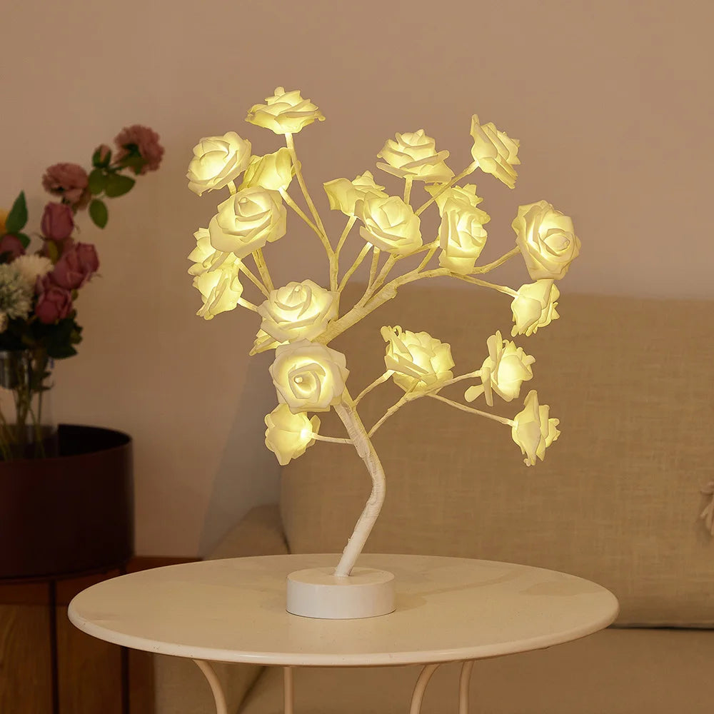 USB Battery Operated LED Table Lamp Rose Flower Bonsai Tree Night Lights Garland Bedroom Decoration Christmas Lights Home Decor